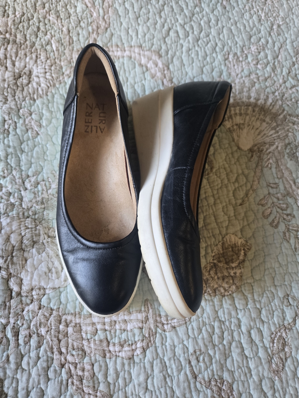 Naturalizer Black Leather Platform Slip-On Flats with White Sole